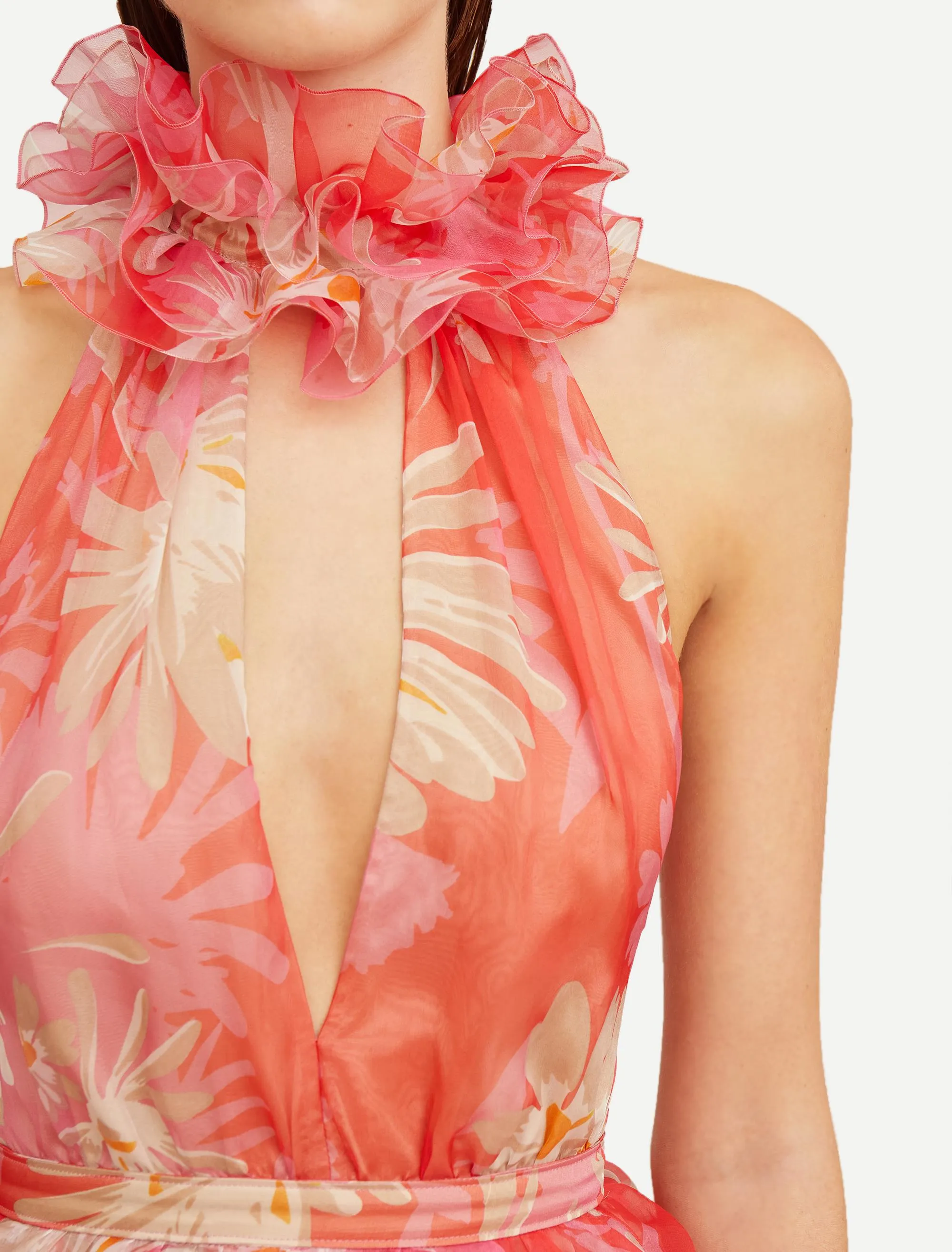 ORANGE FLORAL PRINTED SHEEVELESS HALTER MAXI DRESS Gloria Lanvin