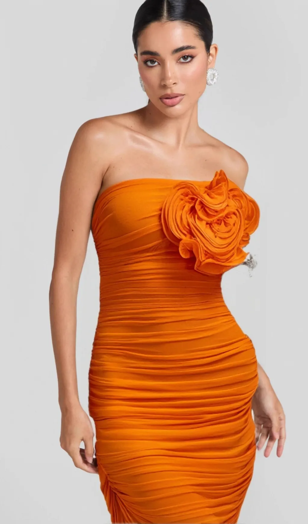 ORANGE OPEN BACK RUCHED FLOWER BODYCON MAXI DRESS Gloria Lanvin