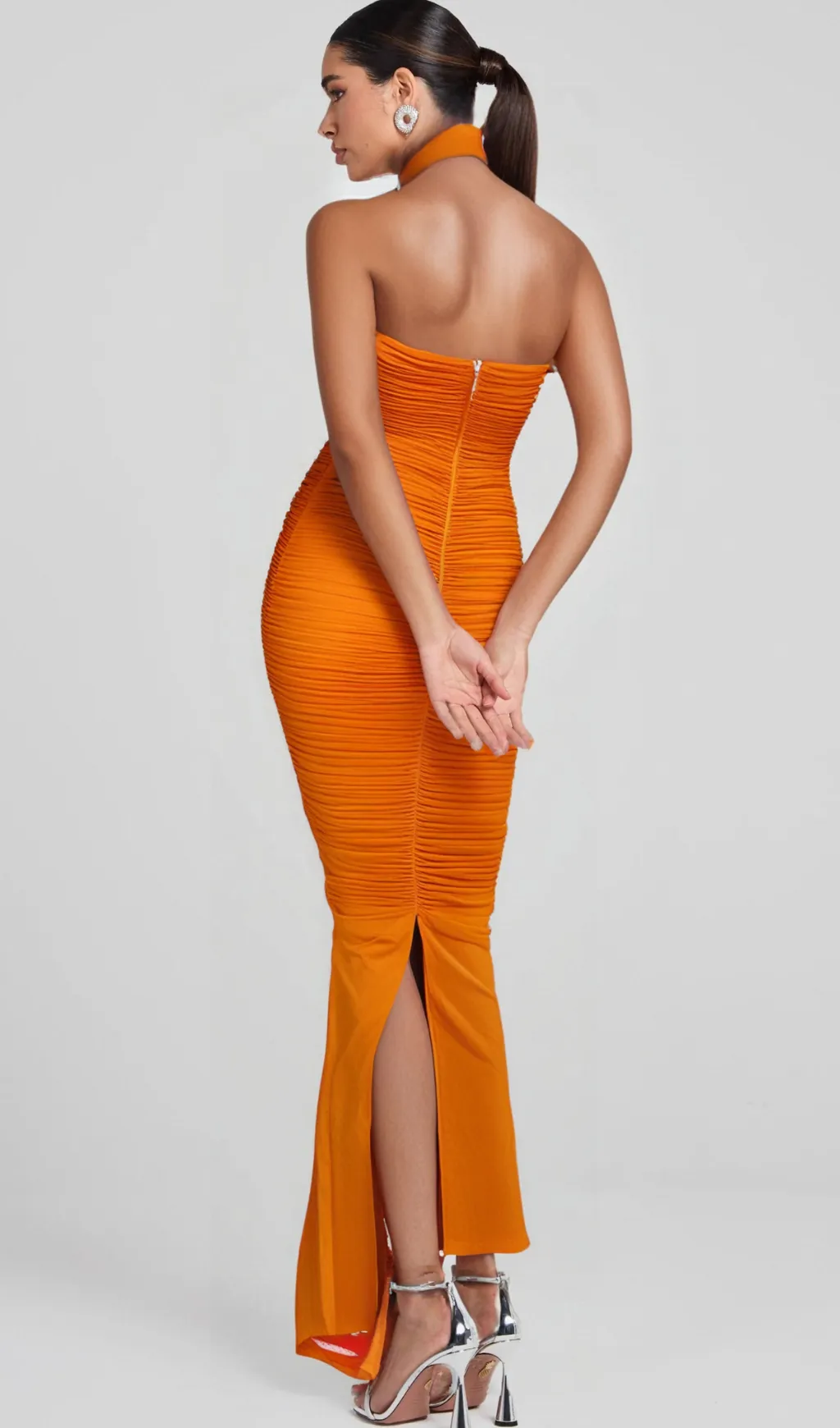 ORANGE OPEN BACK RUCHED FLOWER BODYCON MAXI DRESS Gloria Lanvin