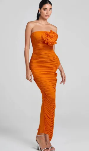 ORANGE OPEN BACK RUCHED FLOWER BODYCON MAXI DRESS Gloria Lanvin