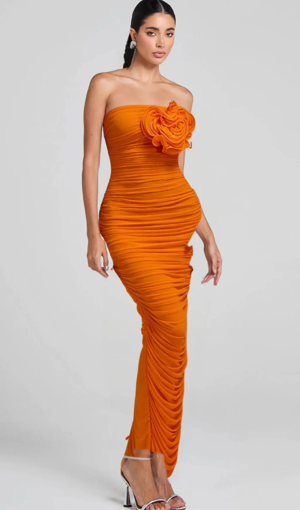 ORANGE OPEN BACK RUCHED FLOWER BODYCON MAXI DRESS Gloria Lanvin