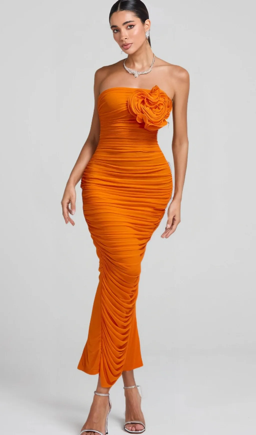ORANGE OPEN BACK RUCHED FLOWER BODYCON MAXI DRESS Gloria Lanvin