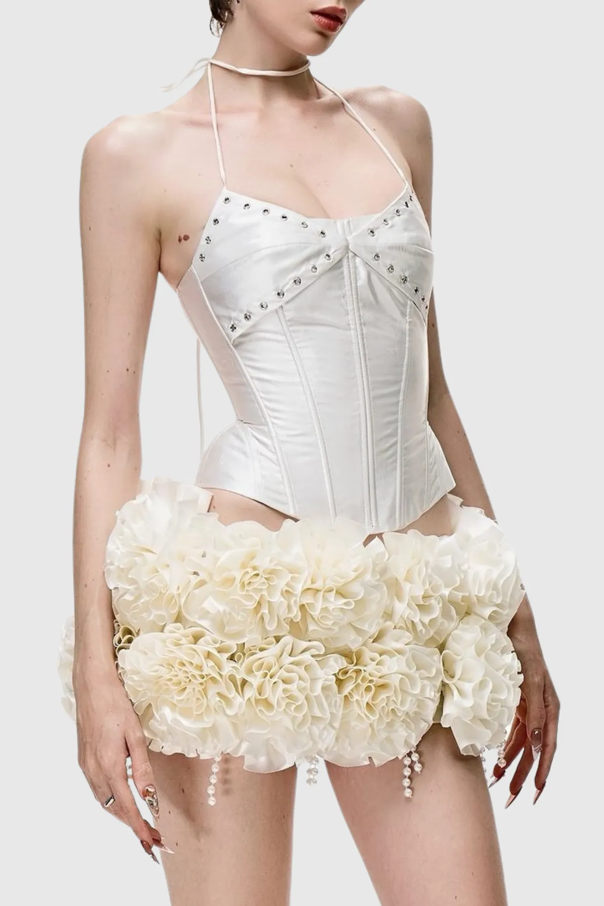 Orsolya Floral Pearl Corset Two Piece Set in Ivory Gloria Lanvin