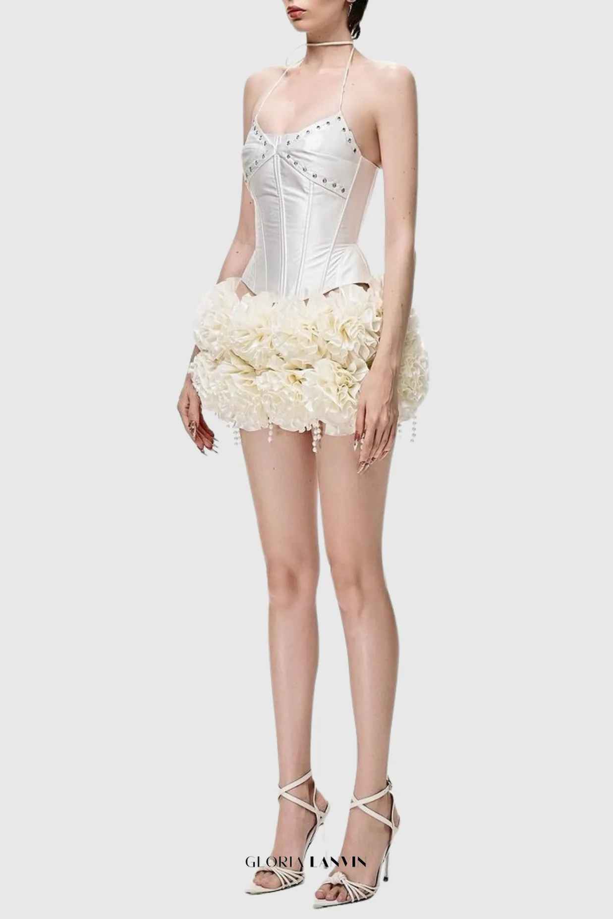 Orsolya Floral Pearl Corset Two Piece Set in Ivory Gloria Lanvin