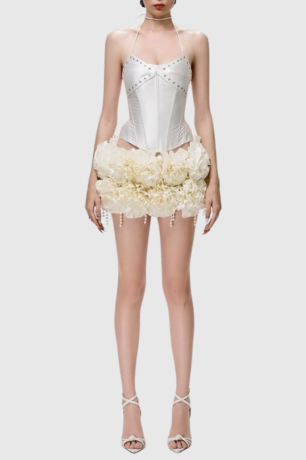 Orsolya Floral Pearl Corset Two Piece Set in Ivory Gloria Lanvin