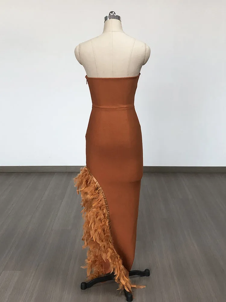 OSTRICH FEATHER BANDAGE DRESS WITH V-NECKLINE IN BROWN Gloria Lanvin