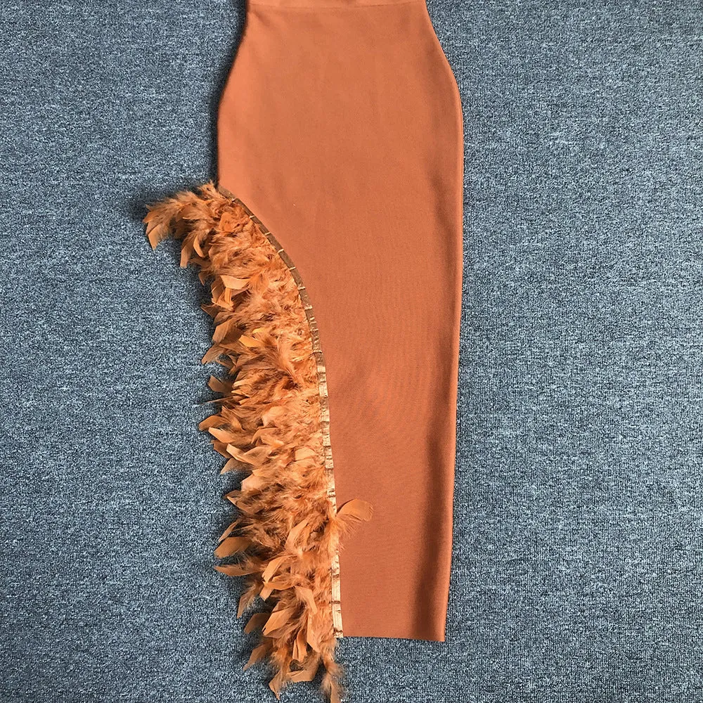 OSTRICH FEATHER BANDAGE DRESS WITH V-NECKLINE IN BROWN Gloria Lanvin