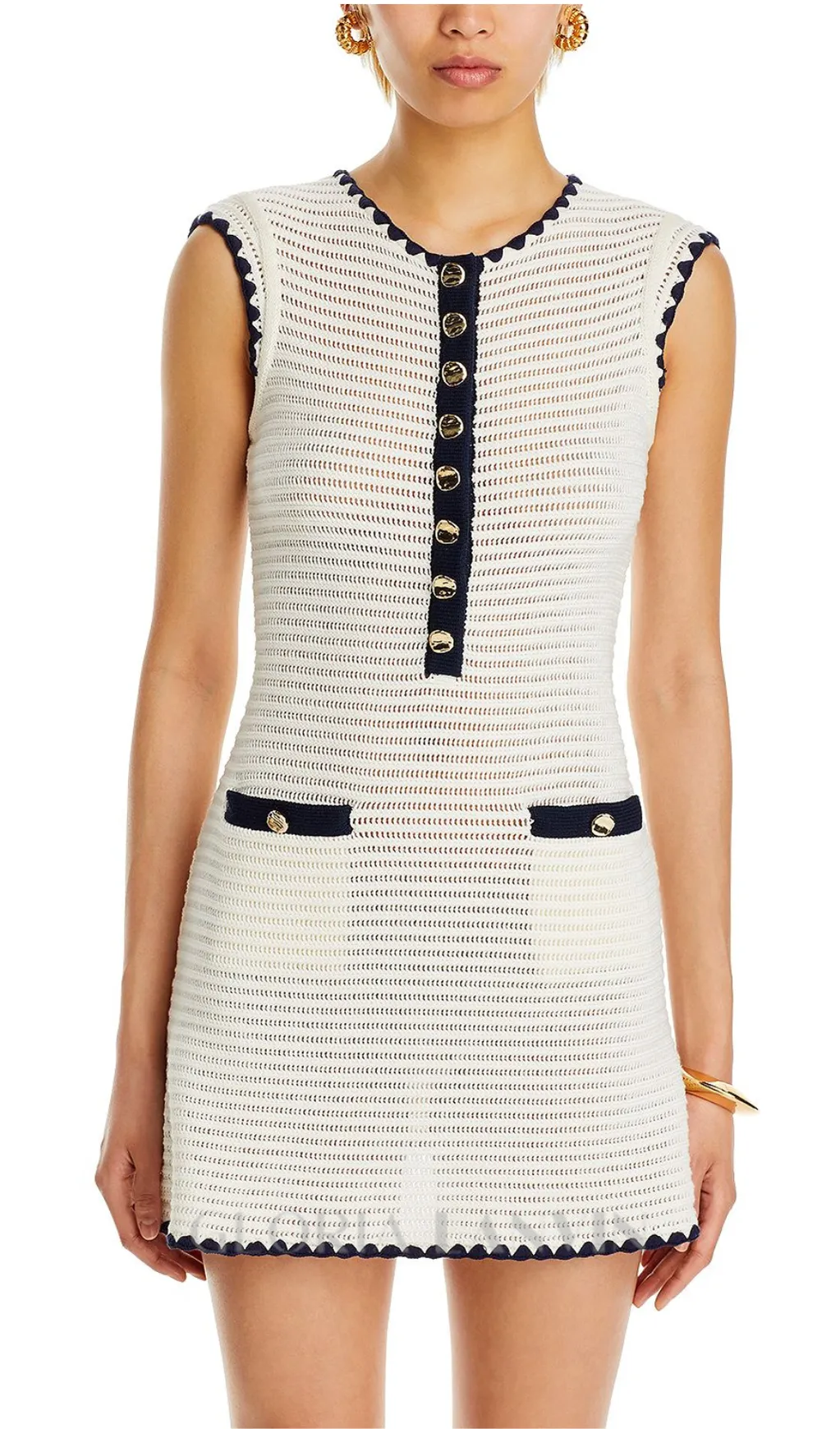 PANDORA 8-BUTTON WHITE SLEEVELESS CROCHET MINI DRESS Gloria Lanvin
