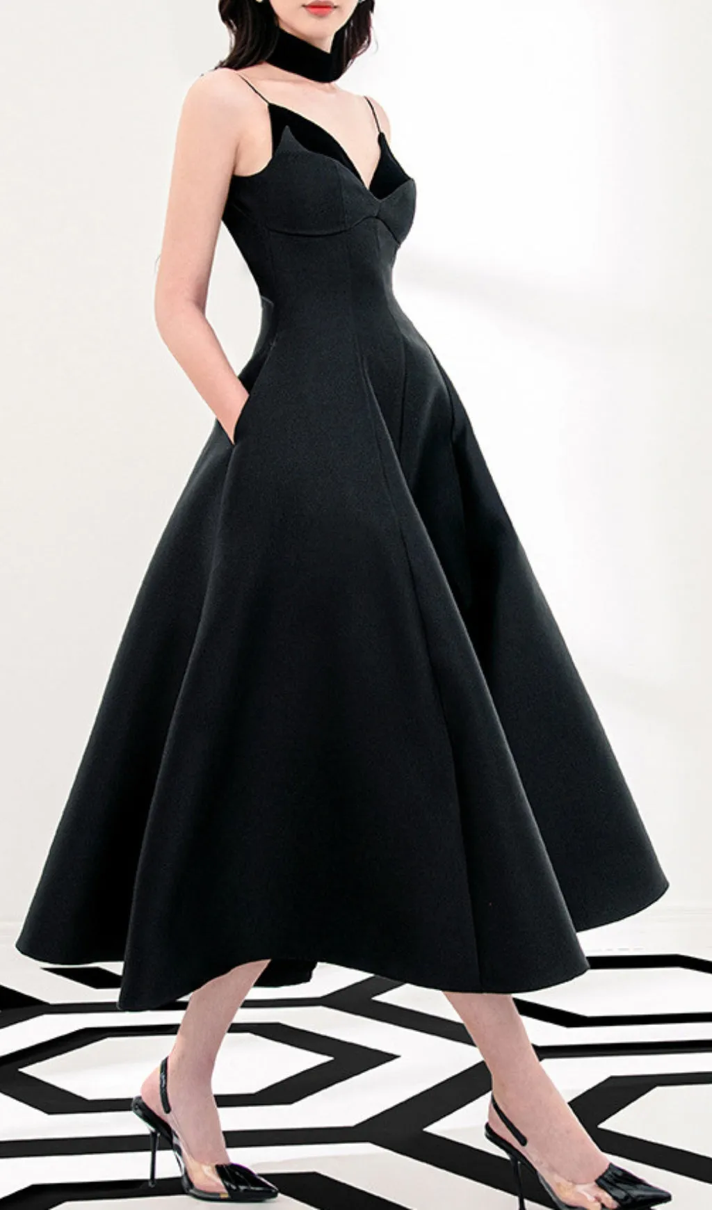 patchwork midi dress in black Gloria Lanvin
