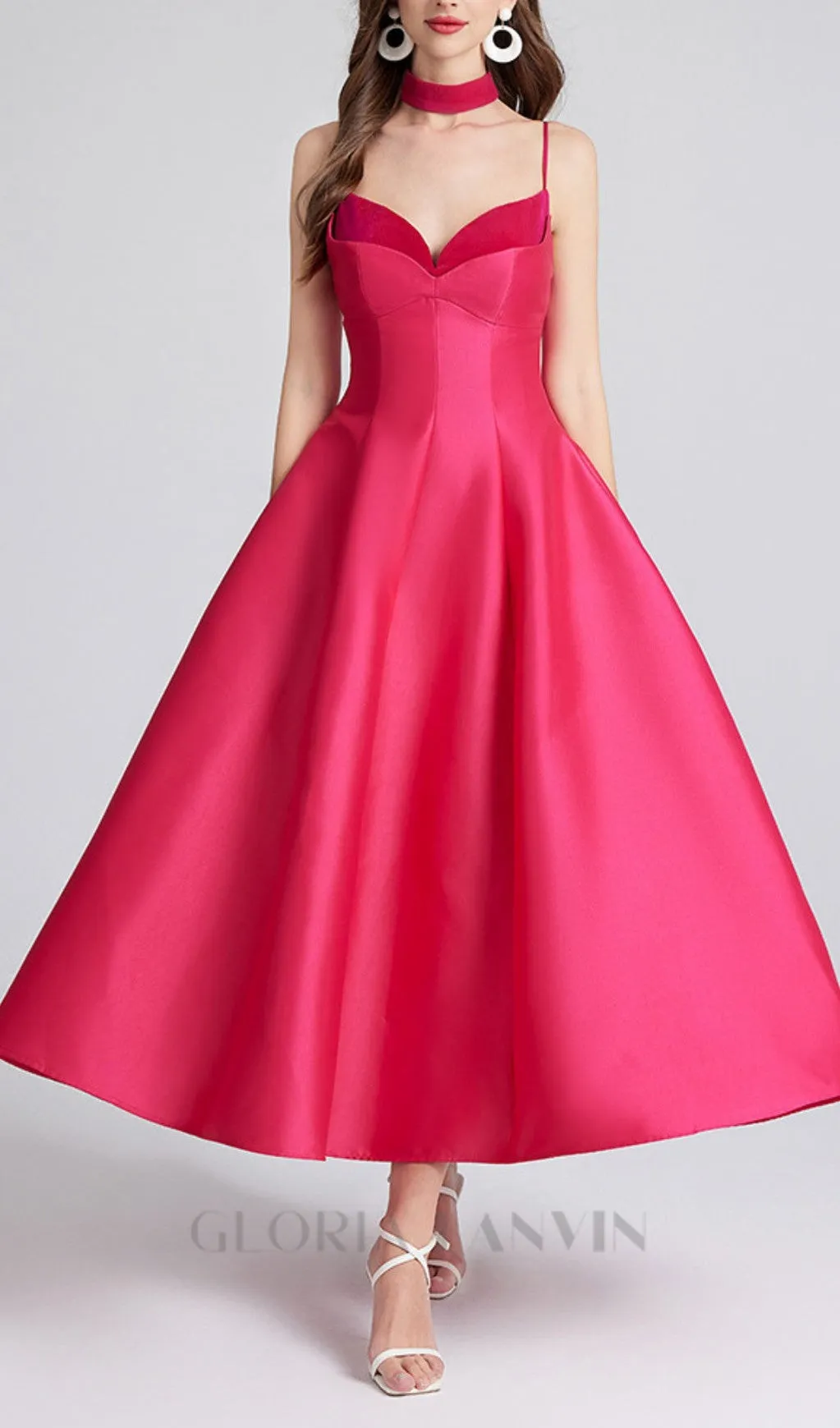 patchwork midi dress in rose red Gloria Lanvin