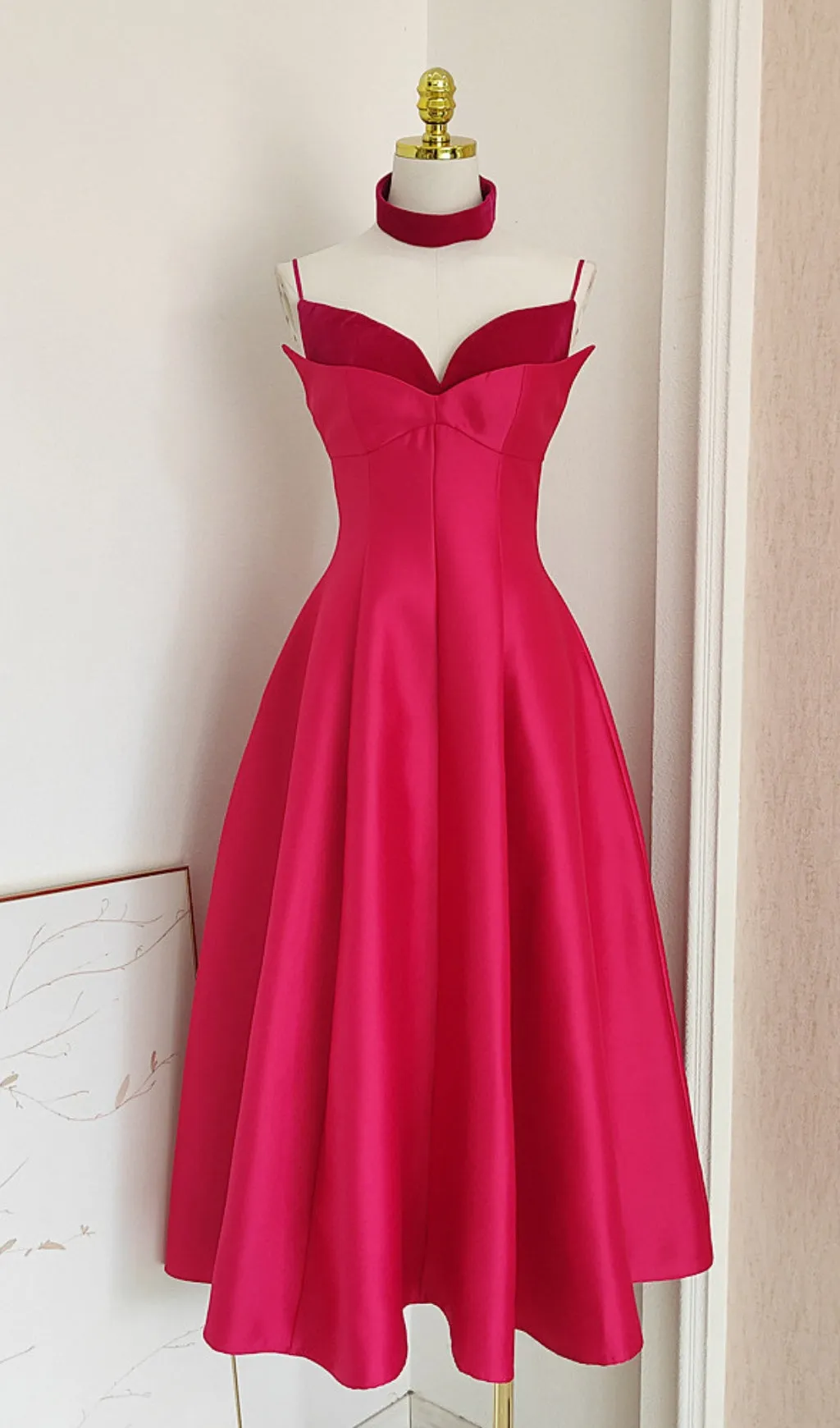 patchwork midi dress in rose red Gloria Lanvin