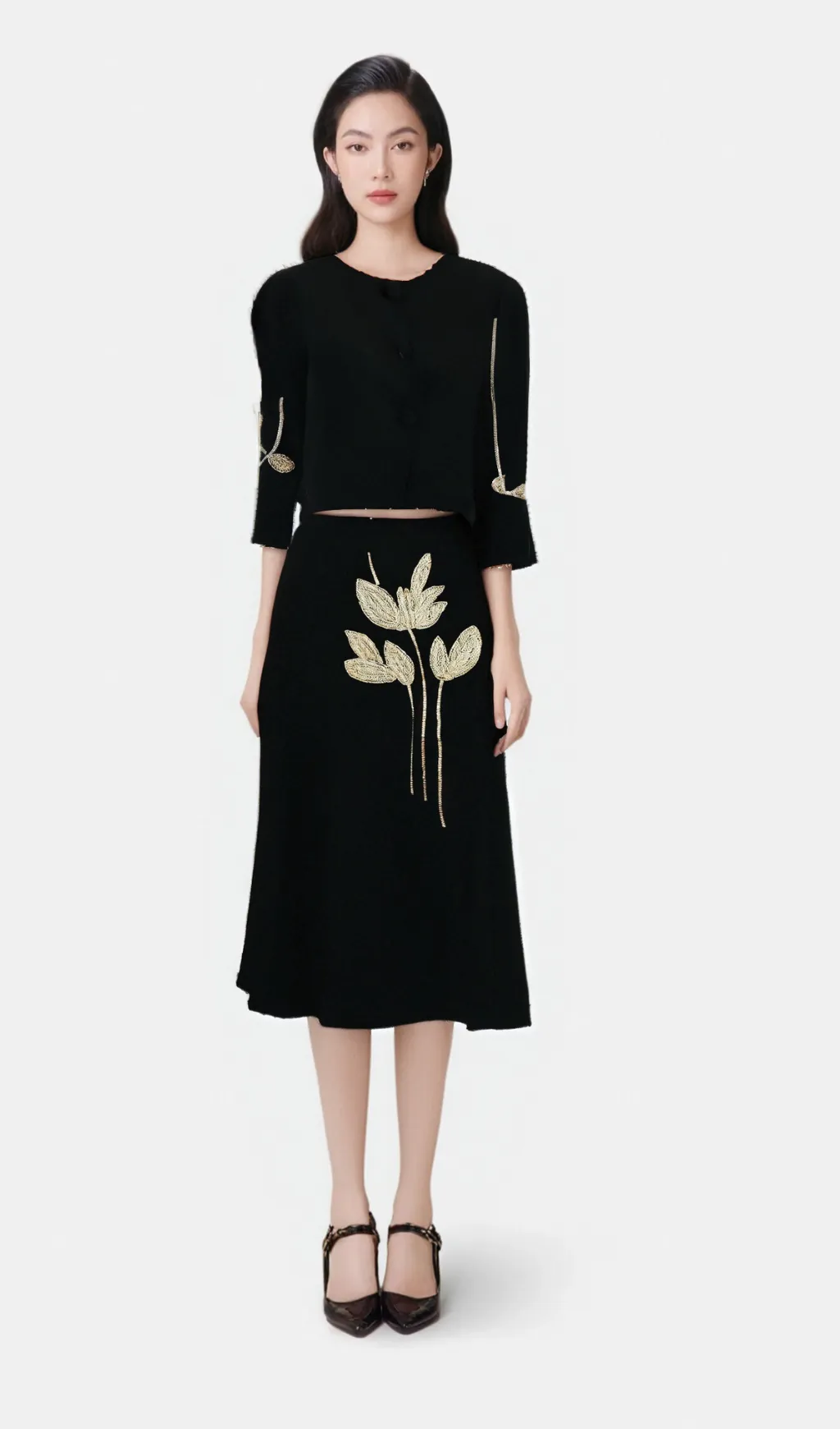 Pauline black floral-appliqu jacket & skirt matching set Gloria Lanvin