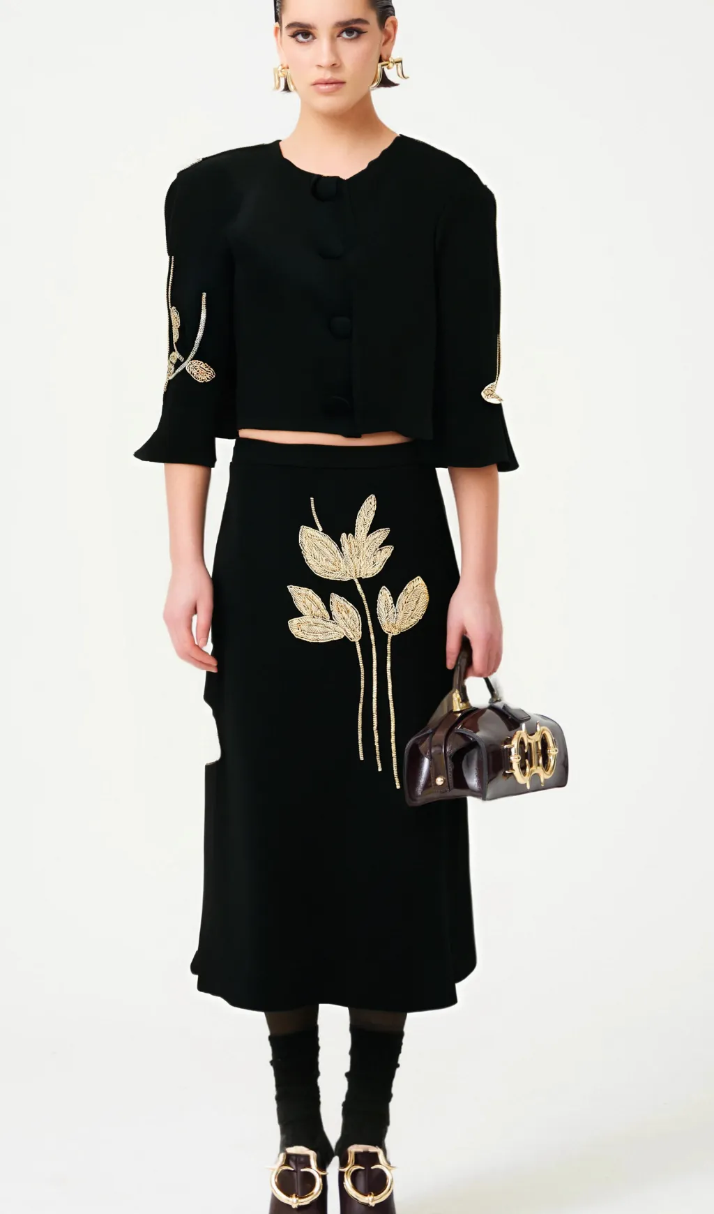 Pauline black floral-appliqu jacket & skirt matching set Gloria Lanvin