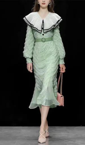 PEA GREEN LAYERED RUFFLE COLLAR KNIT MERMAID DRESS Gloria Lanvin