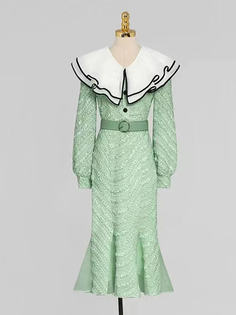 PEA GREEN LAYERED RUFFLE COLLAR KNIT MERMAID DRESS Gloria Lanvin