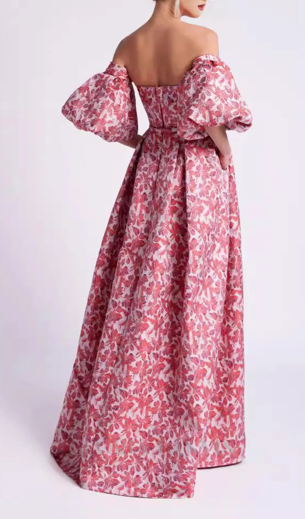 peach Printed Lantern Sleeve Maxi Dress Gloria Lanvin