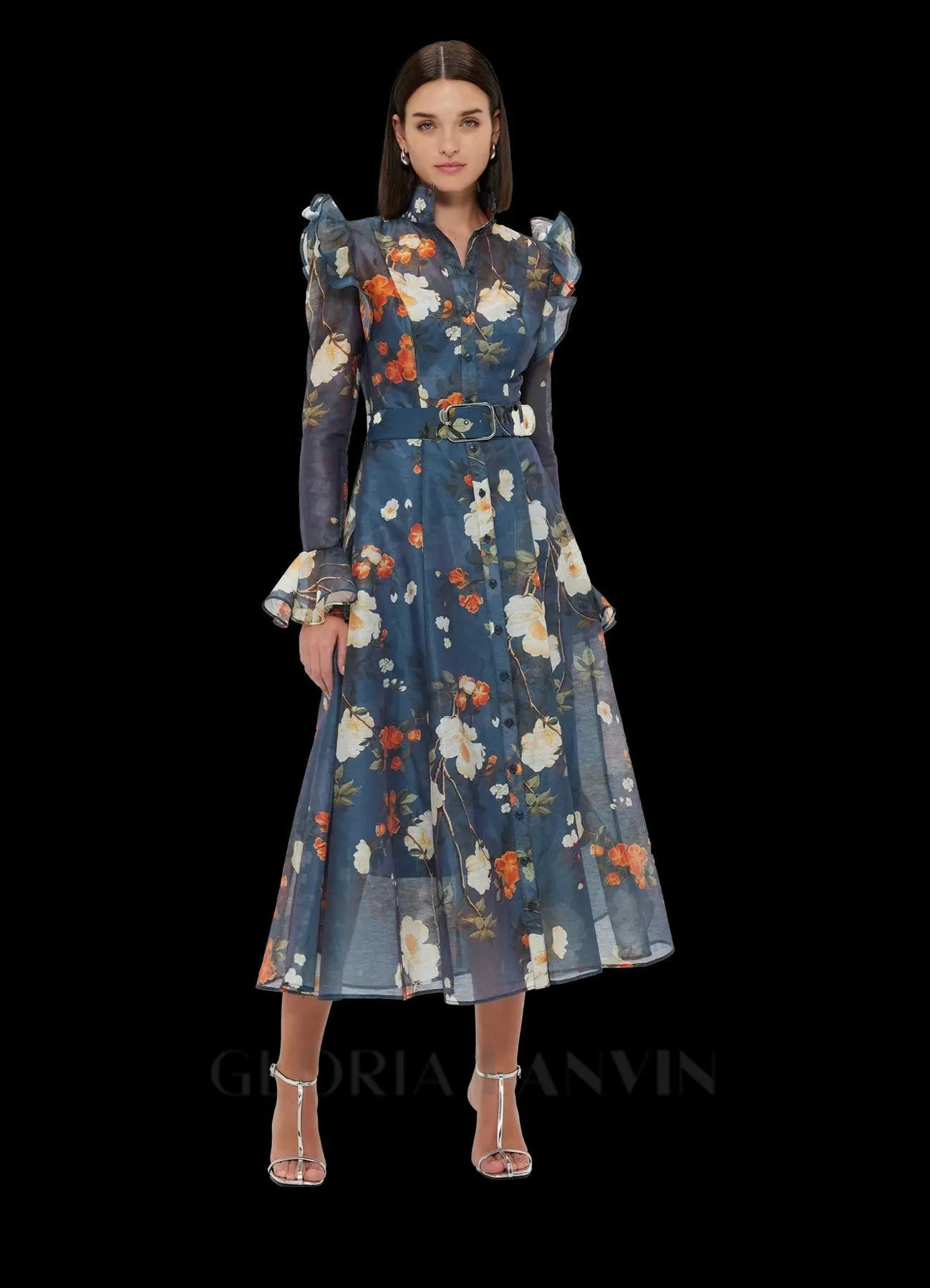 Pear Blossom Print Butterfly Sleeve Midi Dress Gloria Lanvin