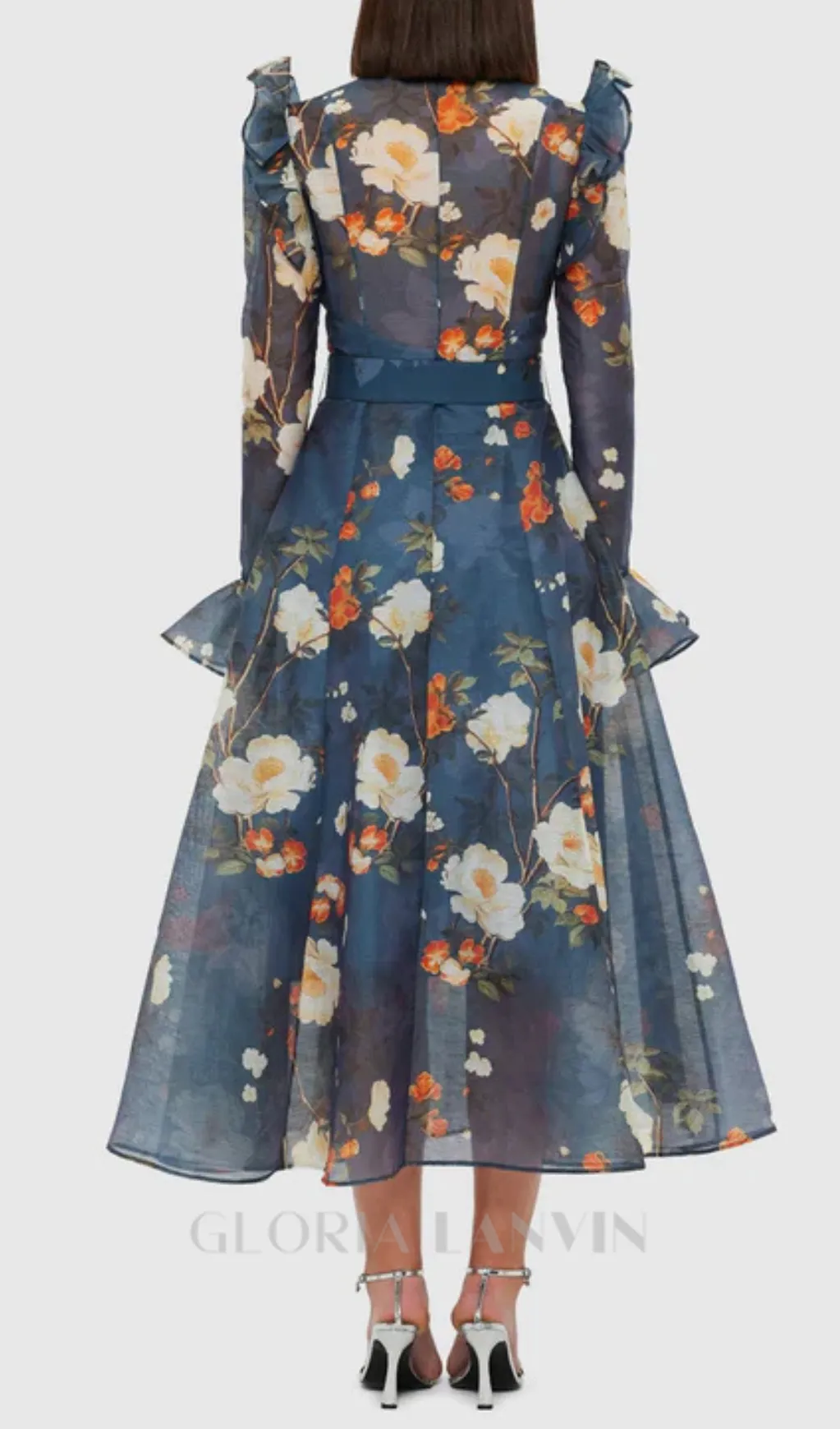Pear Blossom Print Butterfly Sleeve Midi Dress Gloria Lanvin