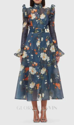 Pear Blossom Print Butterfly Sleeve Midi Dress Gloria Lanvin