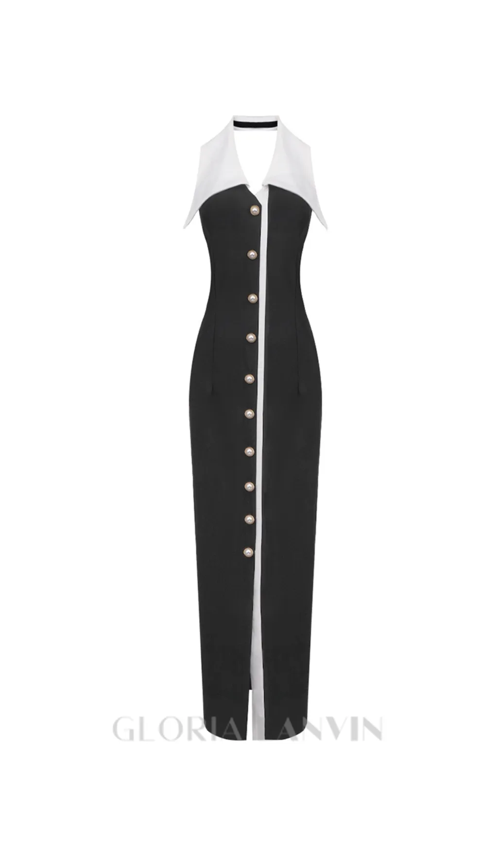 pearl-button halter black maxi dress Gloria Lanvin