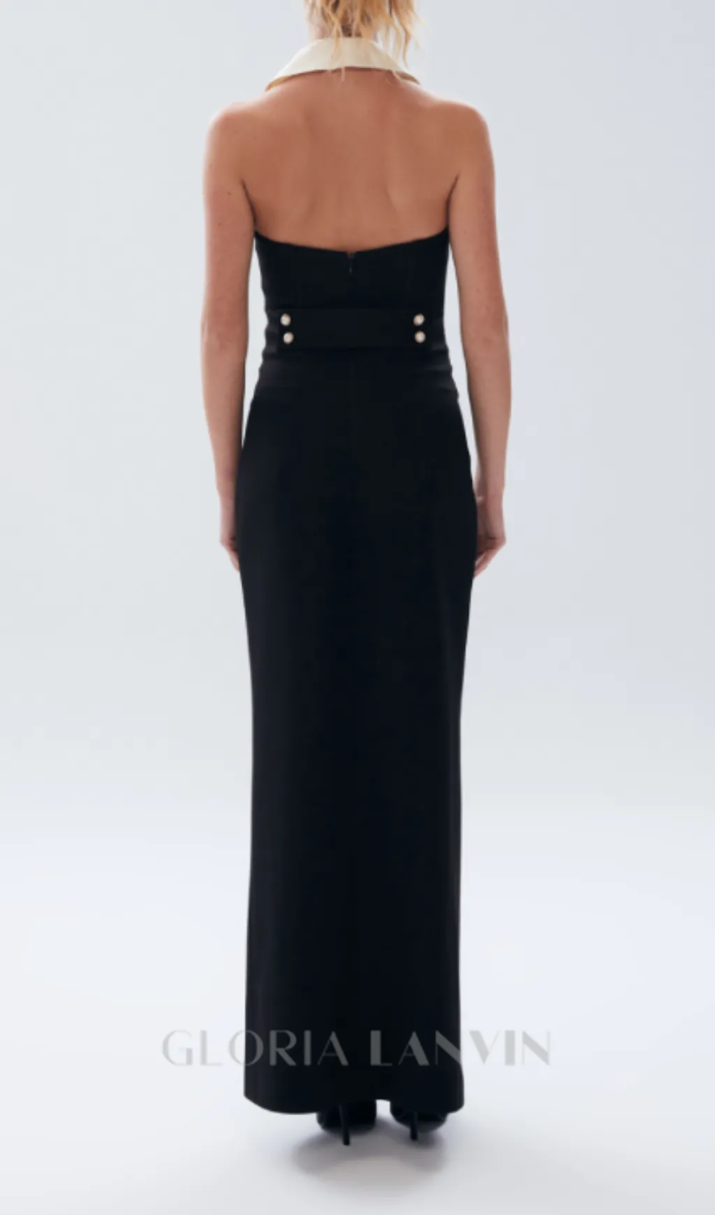 pearl-button halter black maxi dress Gloria Lanvin