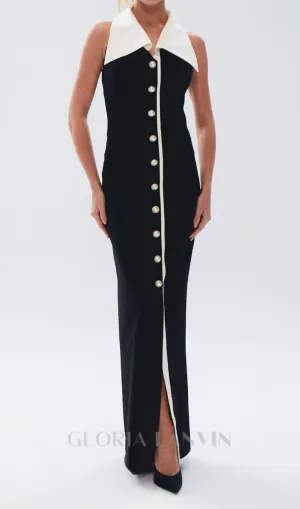 pearl-button halter black maxi dress Gloria Lanvin