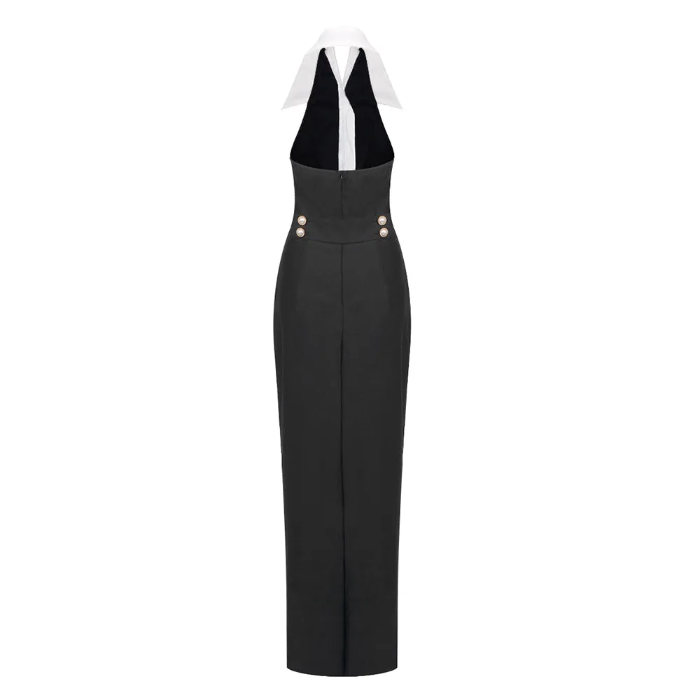 pearl-button halter black maxi dress Gloria Lanvin