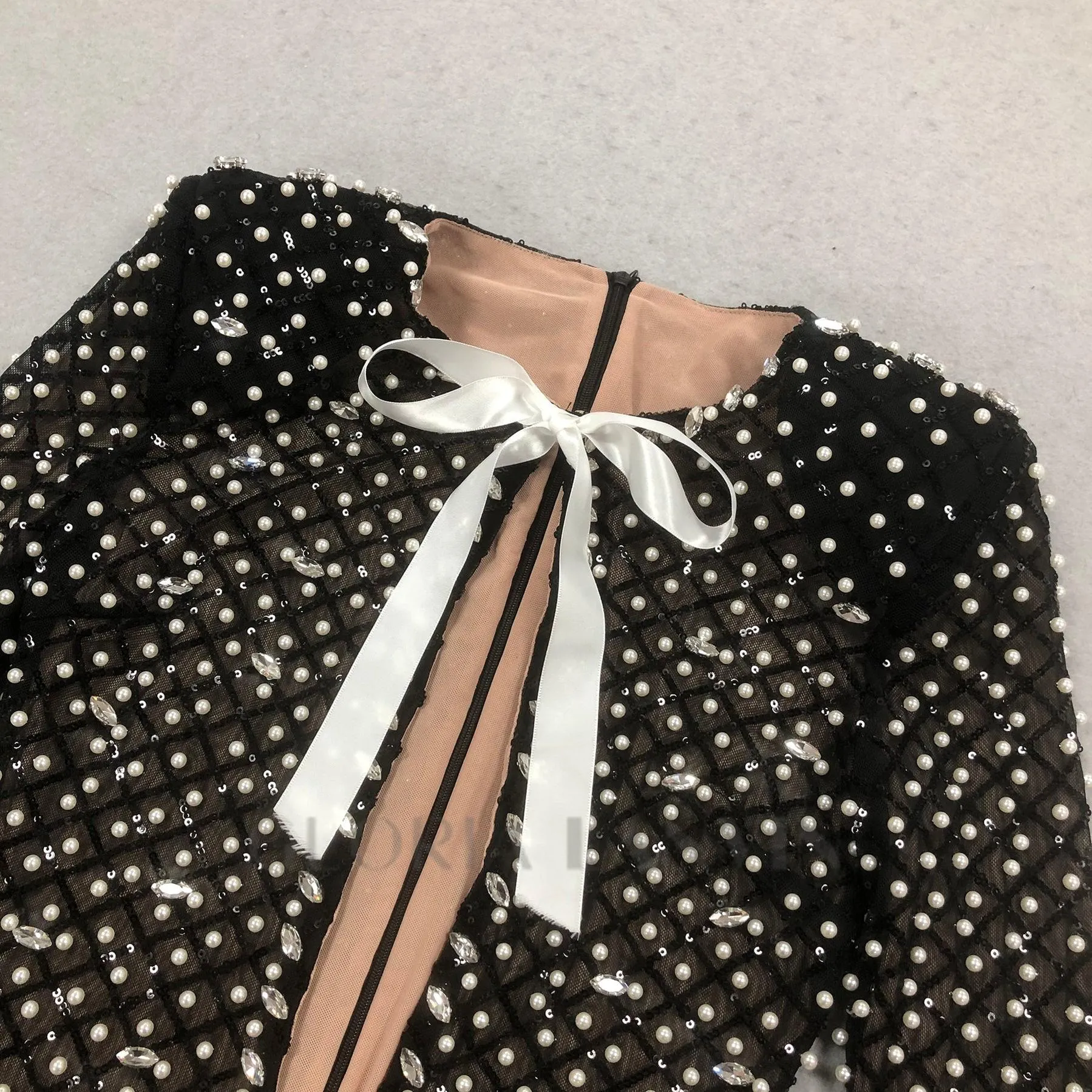 pearl embellished cut out bow mini dress in black Gloria Lanvin