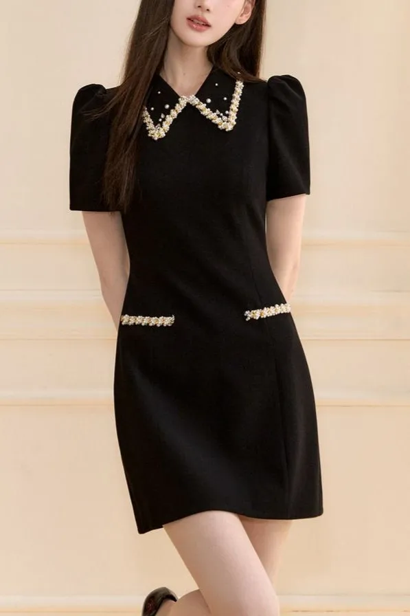 pearl embellished gold chain puff mini dress in black Gloria Lanvin