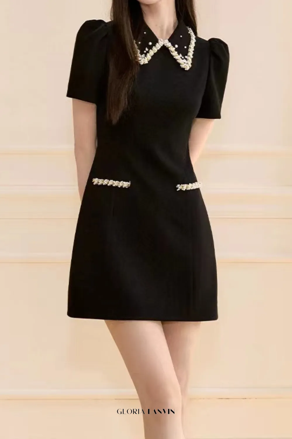 pearl embellished gold chain puff mini dress in black Gloria Lanvin
