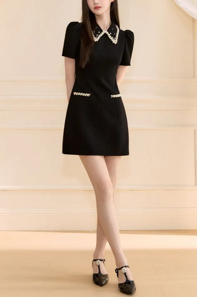 pearl embellished gold chain puff mini dress in black Gloria Lanvin