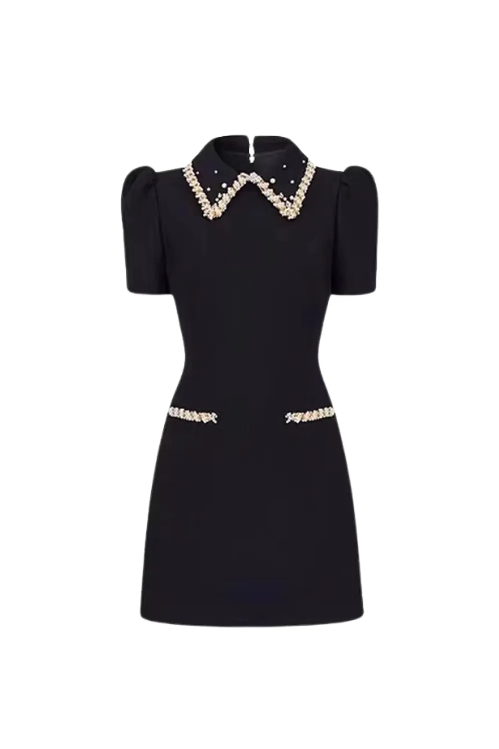 pearl embellished gold chain puff mini dress in black Gloria Lanvin