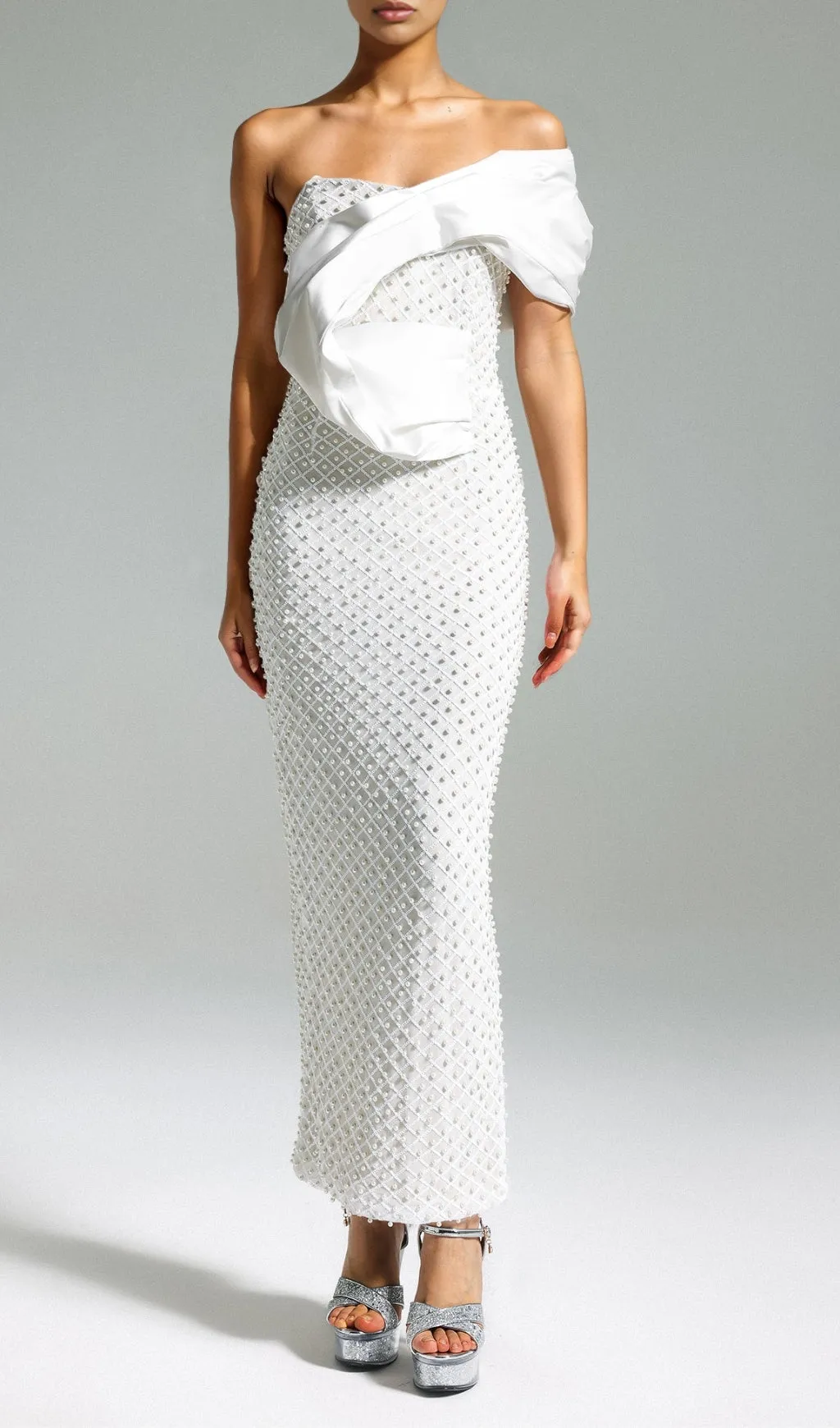 PEARL EMBELLISHED OFF-SHOULDER MIDI DRESS Gloria Lanvin