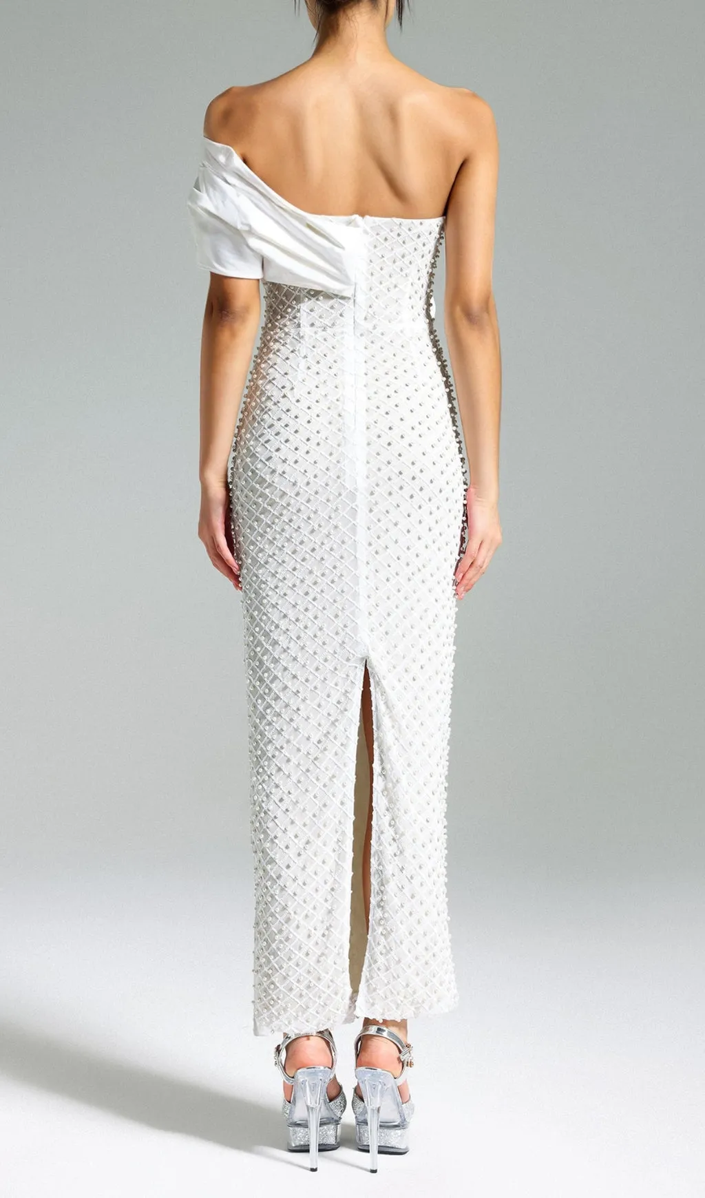 PEARL EMBELLISHED OFF-SHOULDER MIDI DRESS Gloria Lanvin
