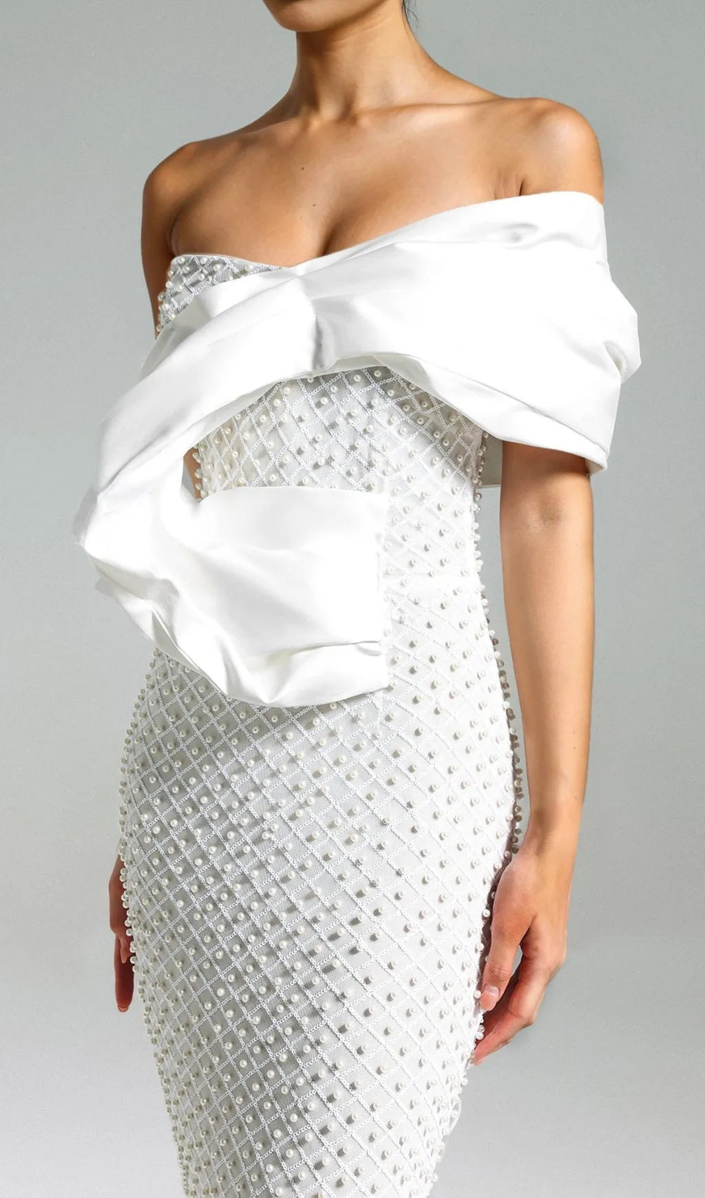 PEARL EMBELLISHED OFF-SHOULDER MIDI DRESS Gloria Lanvin