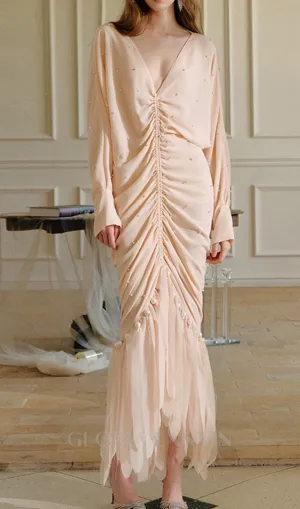pearl embellished ruched apricot maxi dress Gloria Lanvin