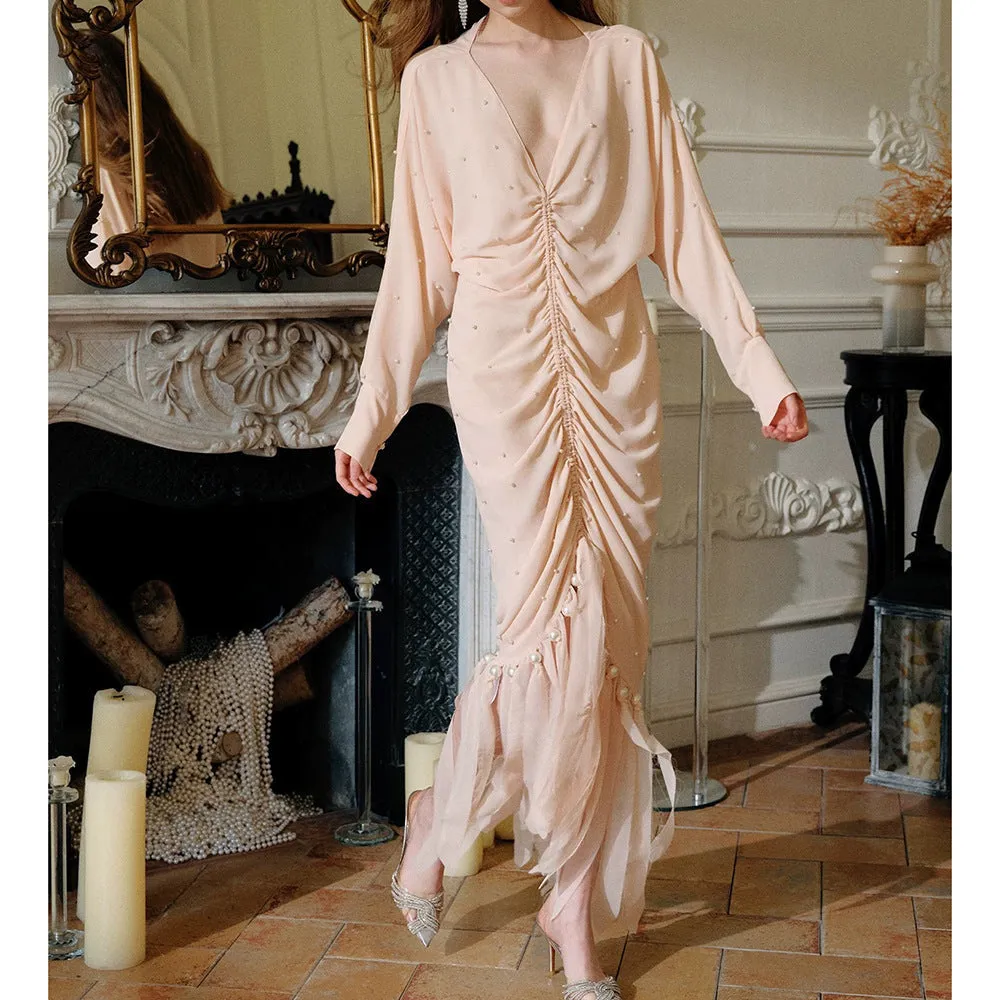 pearl embellished ruched apricot maxi dress Gloria Lanvin