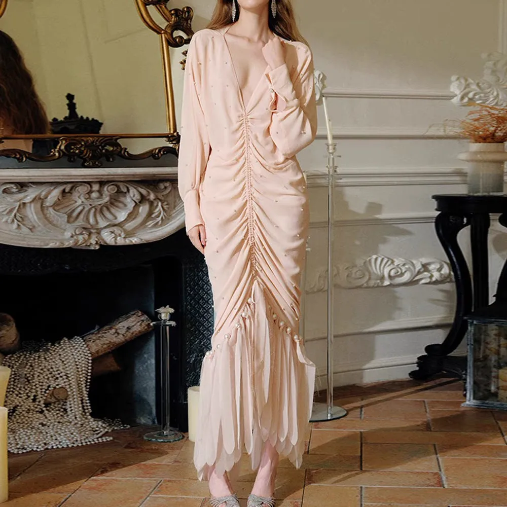 pearl embellished ruched apricot maxi dress Gloria Lanvin