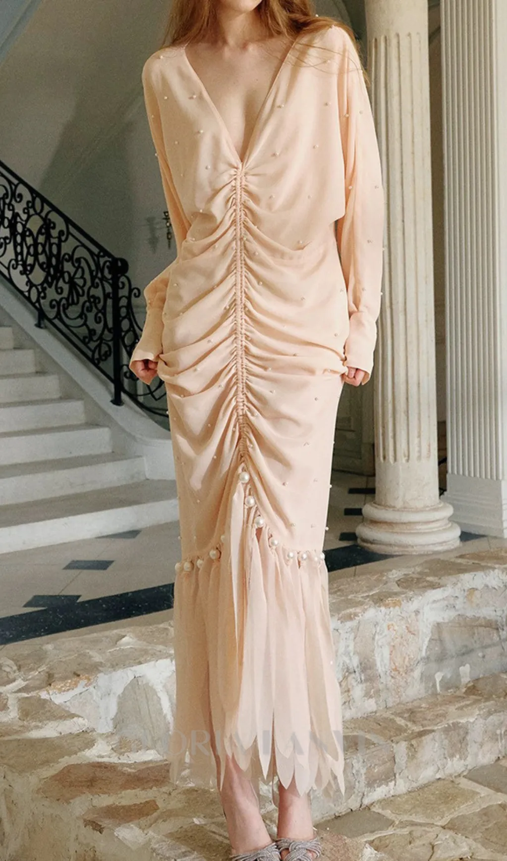 pearl embellished ruched apricot maxi dress Gloria Lanvin