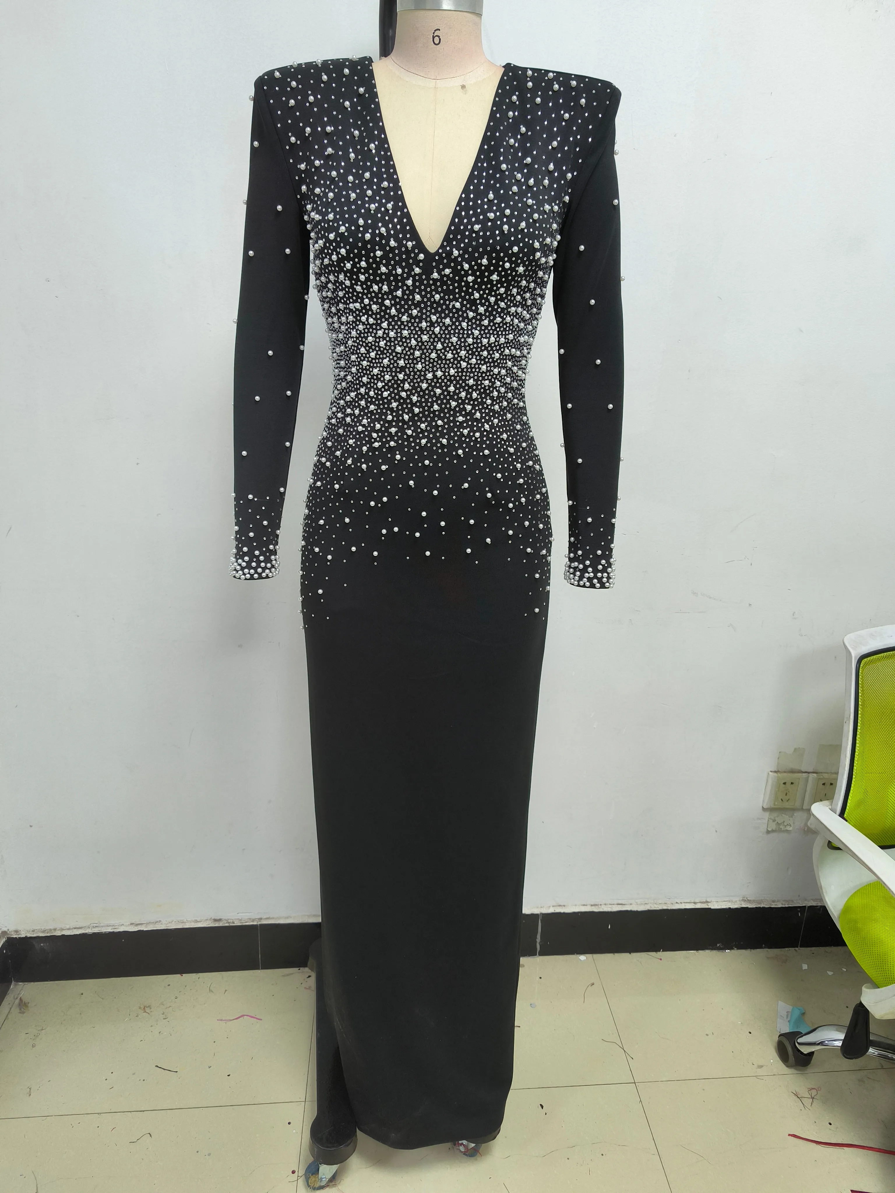 pearl embellished v-neck maxi dress in black Gloria Lanvin