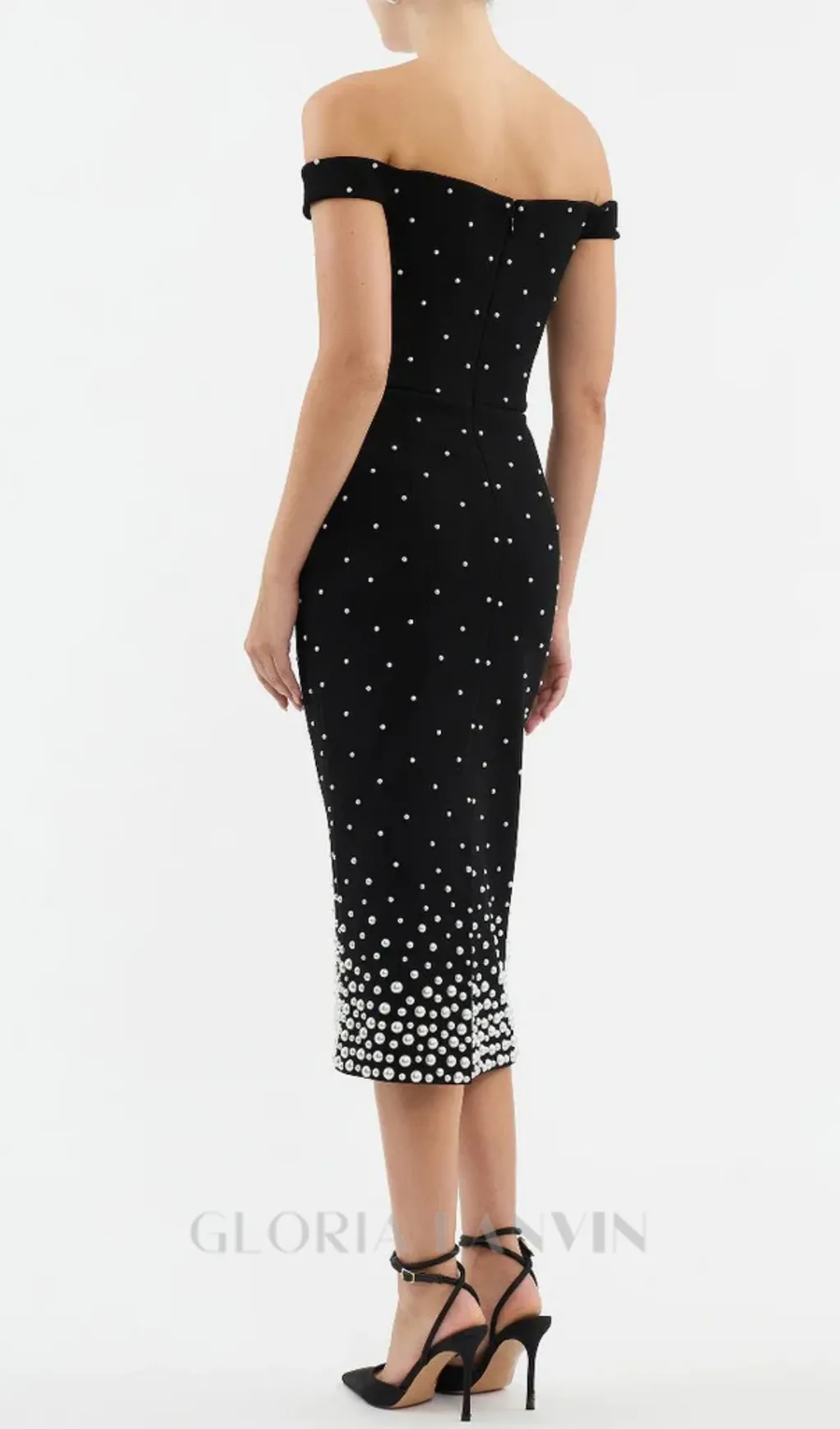 pearl polka dots embellished midi dress in black Gloria Lanvin