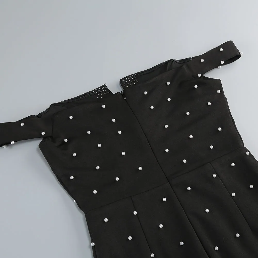 pearl polka dots embellished midi dress in black Gloria Lanvin