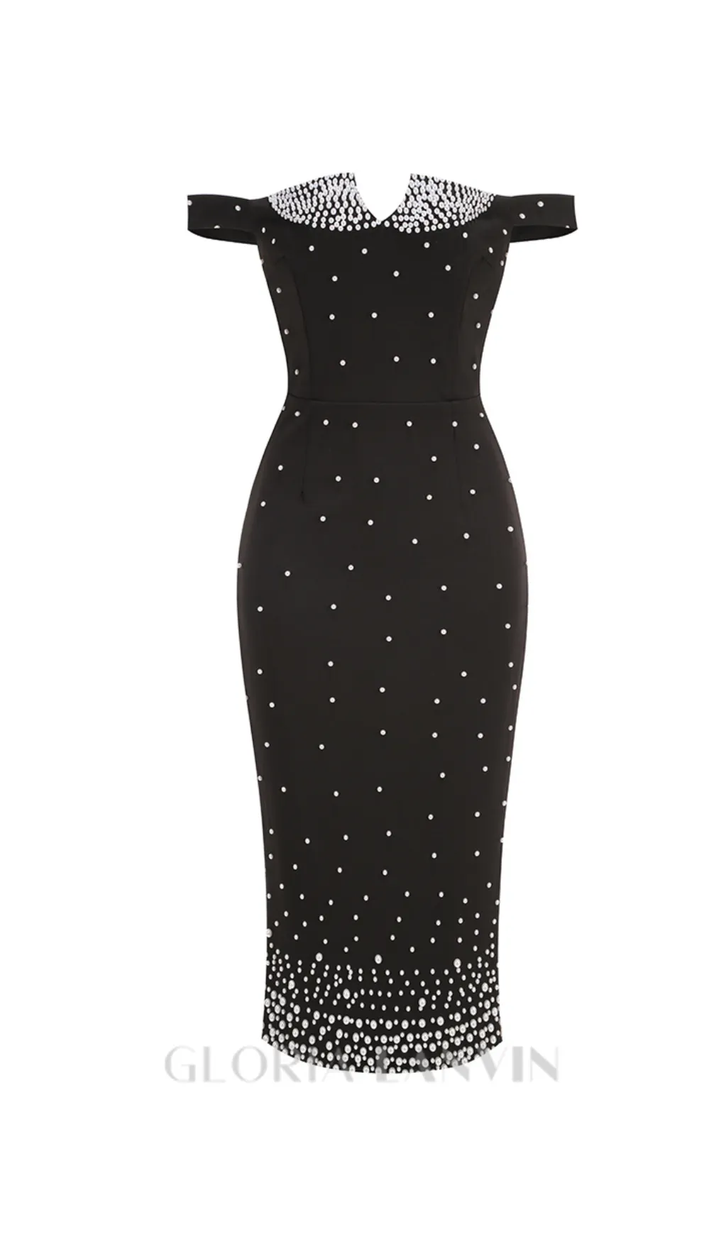 pearl polka dots embellished midi dress in black Gloria Lanvin