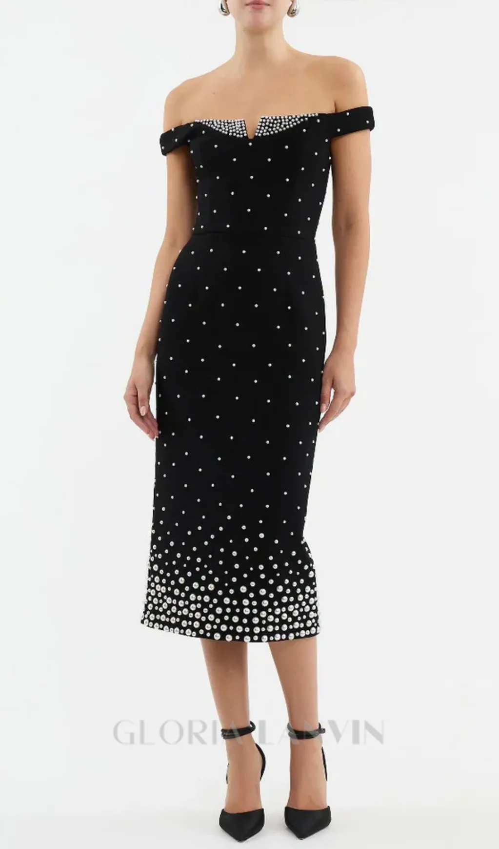 pearl polka dots embellished midi dress in black Gloria Lanvin