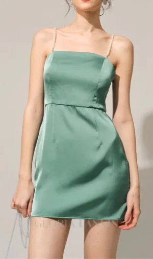 Pearl Strap Satin Mini Dress in green Gloria Lanvin