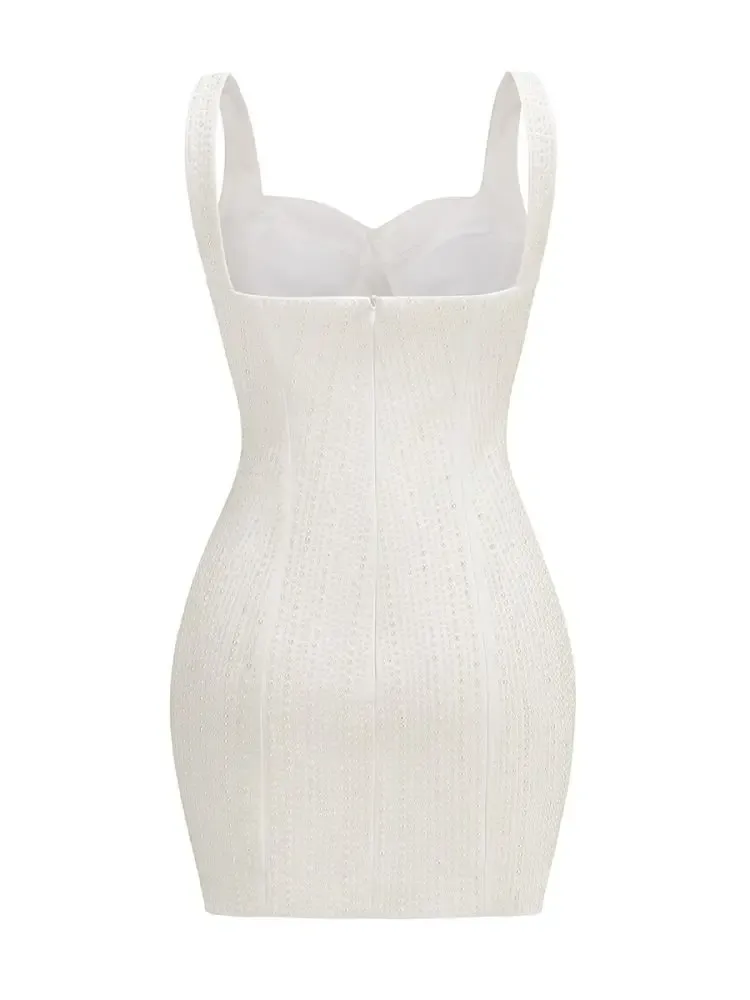 PEARL STUDDED WHITE MINI BODYCON DRESS Gloria Lanvin