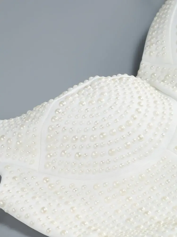 PEARL STUDDED WHITE MINI BODYCON DRESS Gloria Lanvin