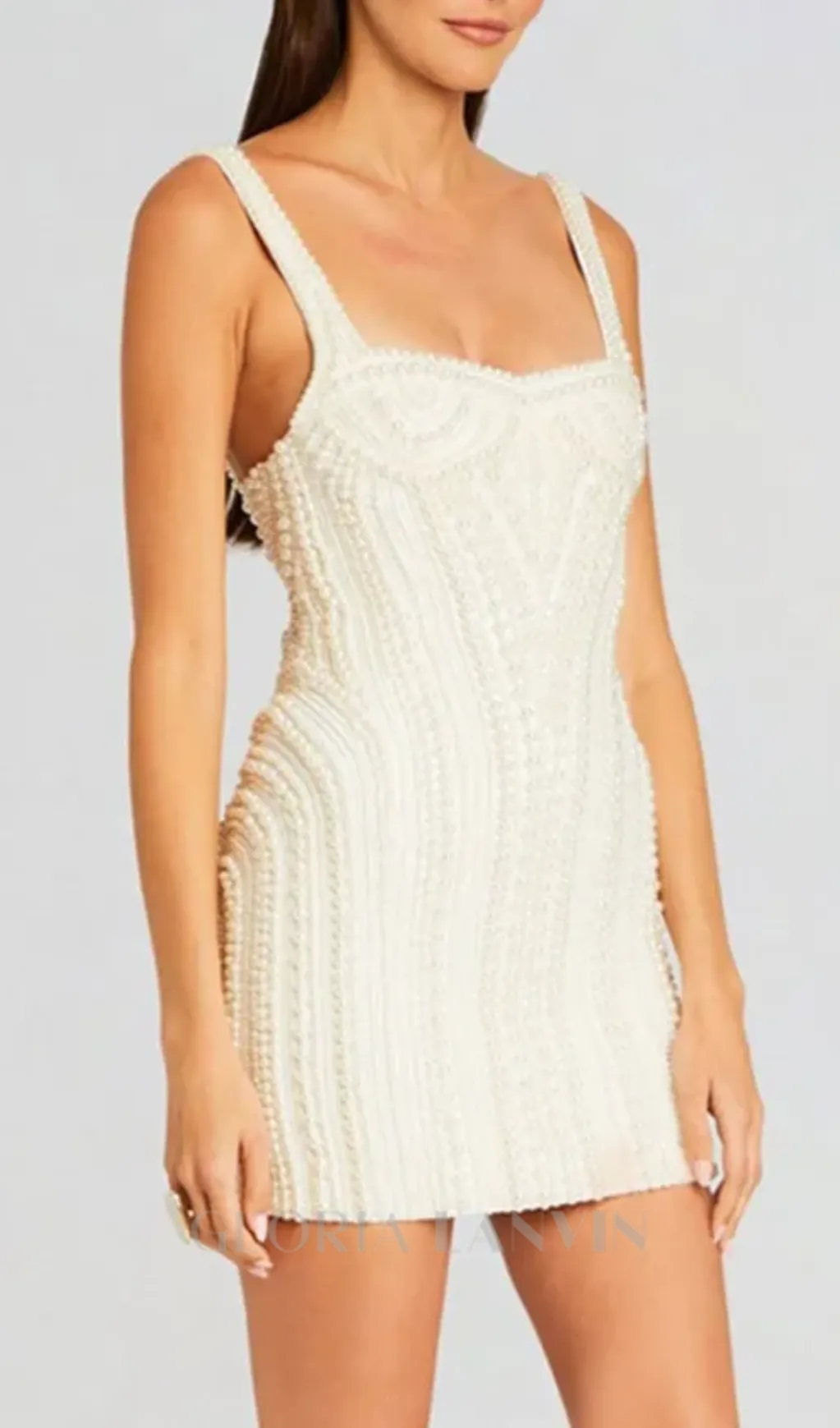 PEARL STUDDED WHITE MINI BODYCON DRESS Gloria Lanvin
