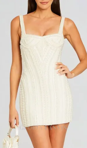 PEARL STUDDED WHITE MINI BODYCON DRESS Gloria Lanvin