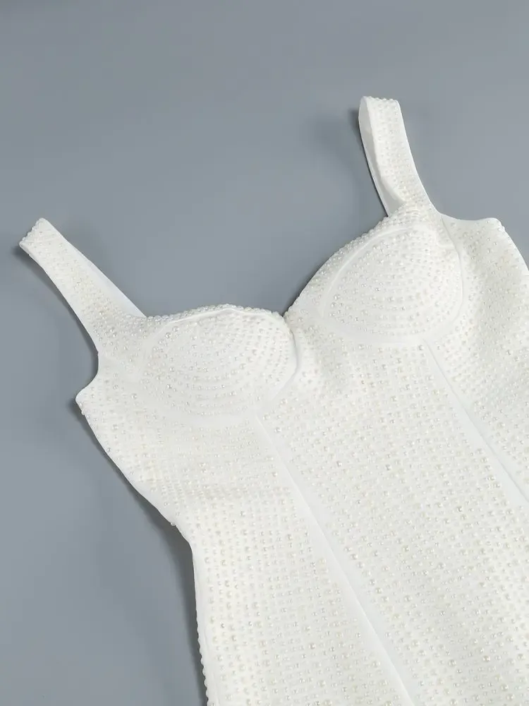 PEARL STUDDED WHITE MINI BODYCON DRESS Gloria Lanvin
